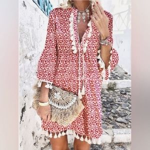 Spring Summer New V Neck Women Dress Boho Tassel Floral Print Three-quarter NWOT